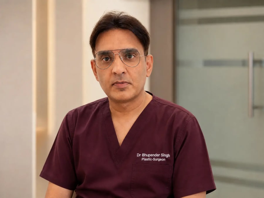 Dr. Bhupender Singh, Consultant Plastic and Hair Transplant Surgeon, at his Revive61 consultation room in Faridabad
