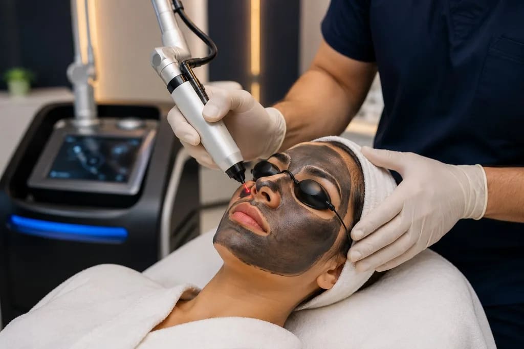 Carbon laser peel treatment at Revive61 Faridabad — carbon mask with laser application