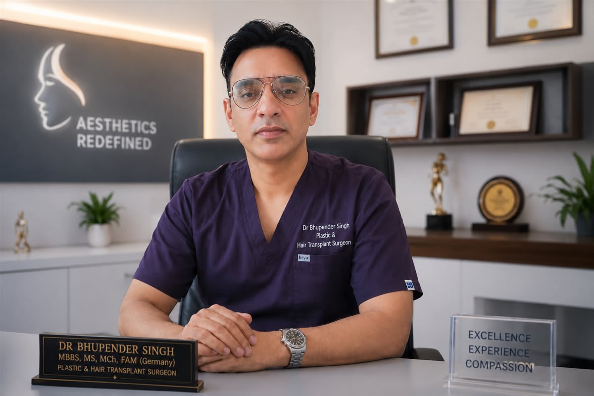 Dr. Bhupender Singh, Consultant Plastic and Hair Transplant Surgeon, at his Revive61 consultation room in Faridabad