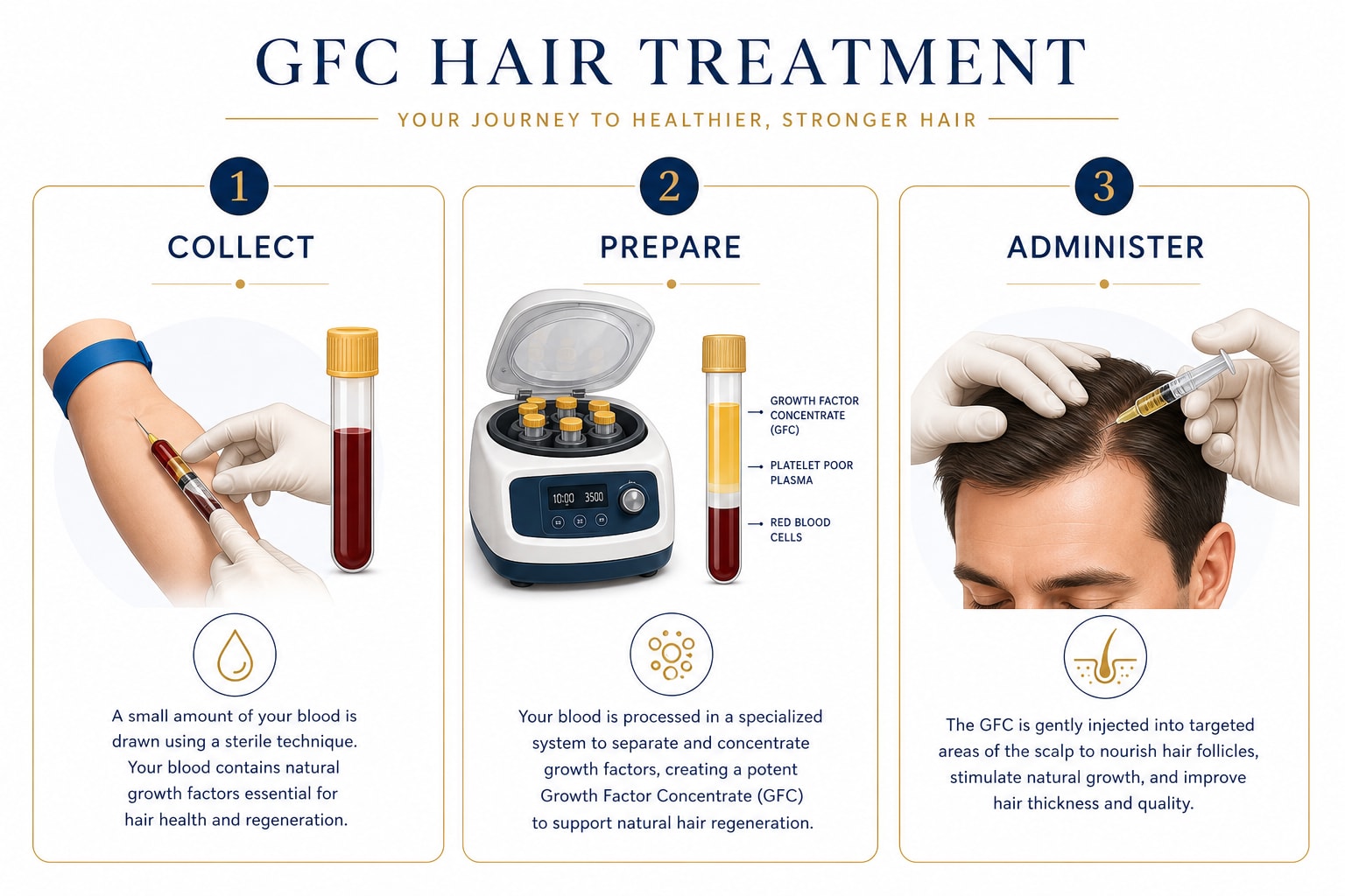 Three-step GFC process collect prepare administer for hair treatment
