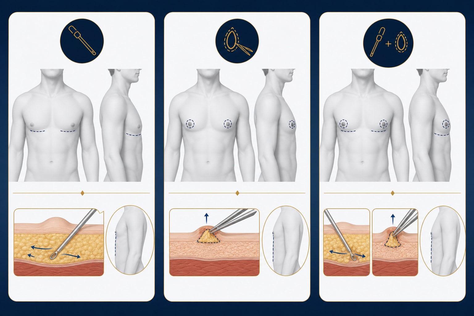 Gynaecomastia liposuction and gland excision illustration