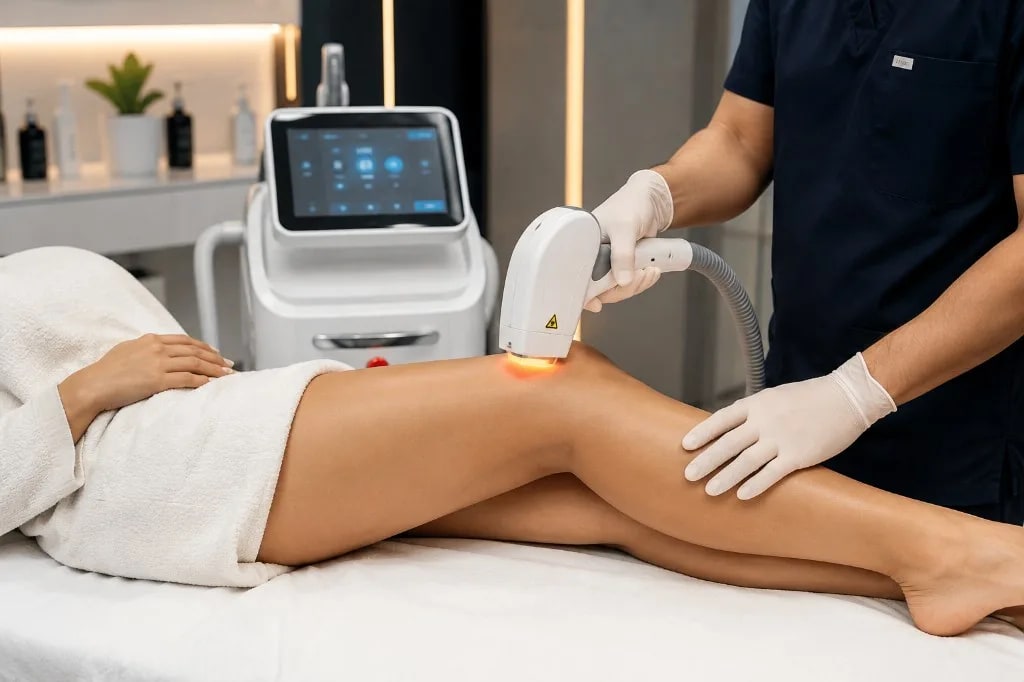 Laser hair reduction treatment at Revive61 Faridabad — medical laser procedure on legs