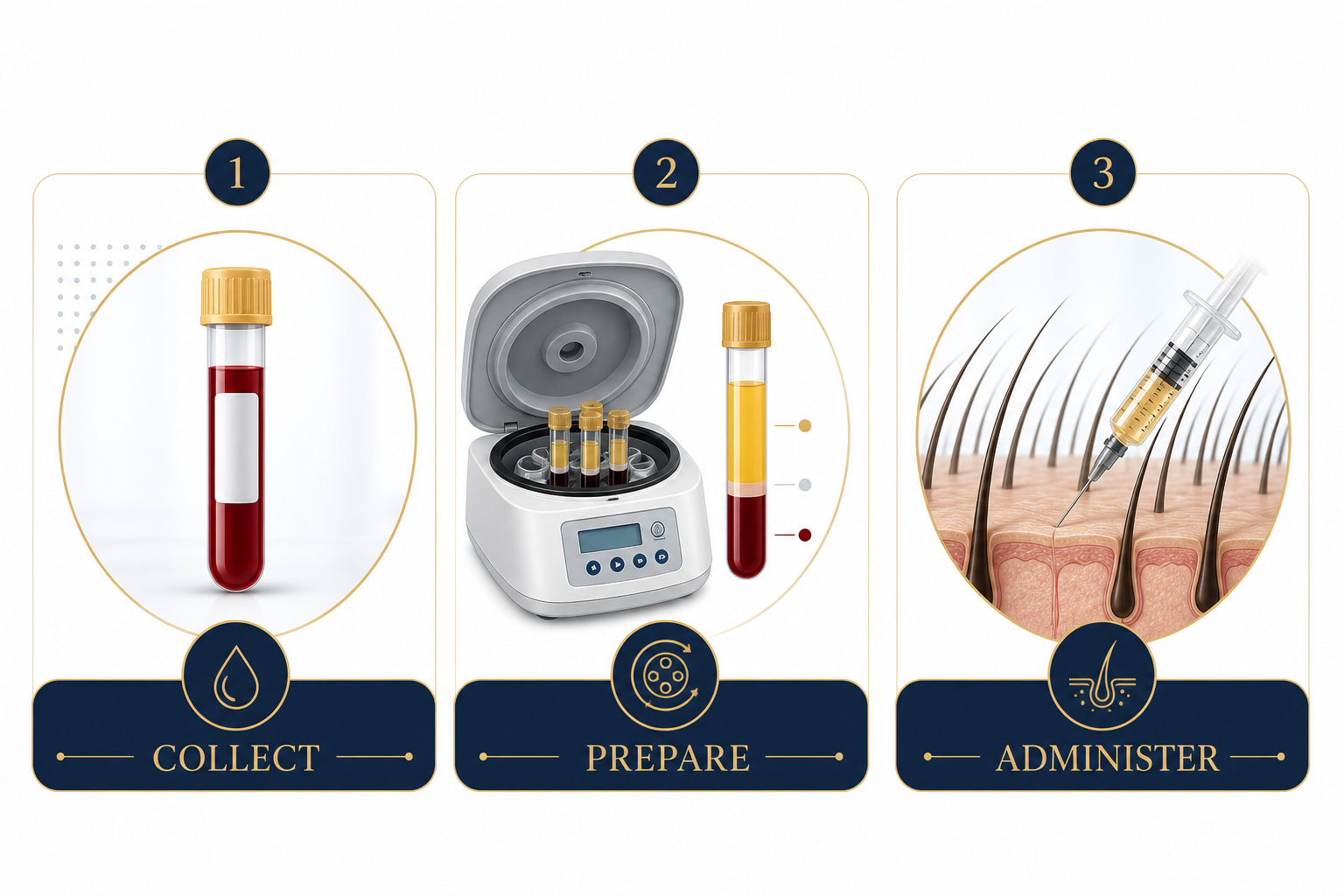 Three-step PRP process collect prepare administer for hair treatment