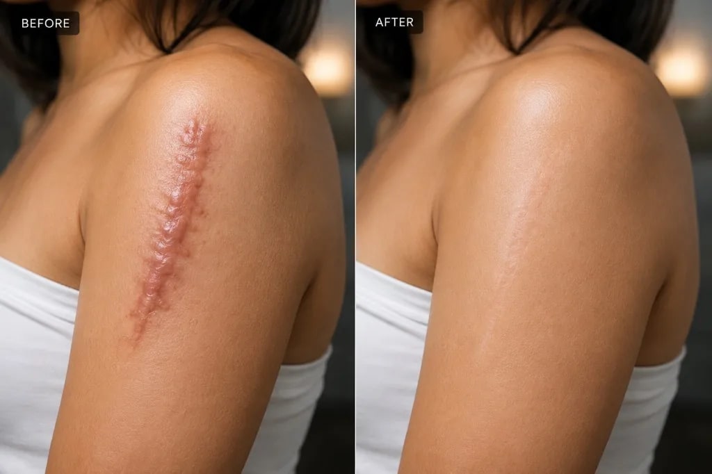 Scar revision before and after — reduced raised scar visibility