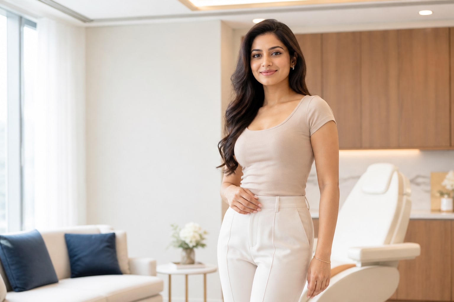 Body contouring consultation — confident patient at a modern aesthetic clinic