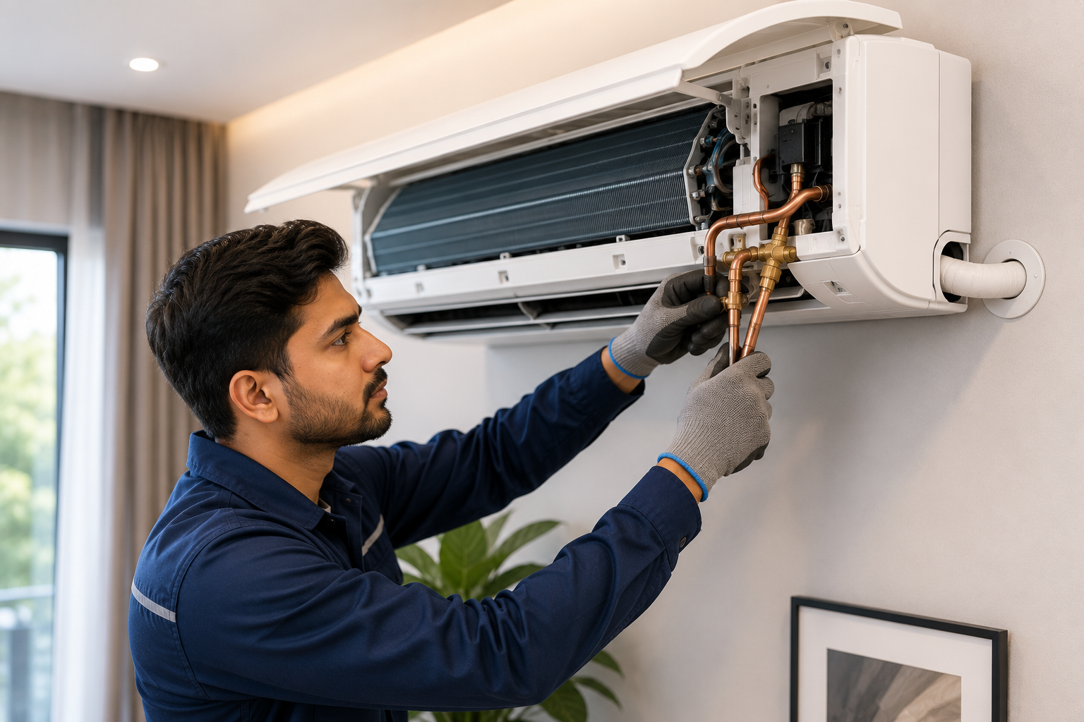 Technician performing AC copper pipe fitting service in Hyderabad