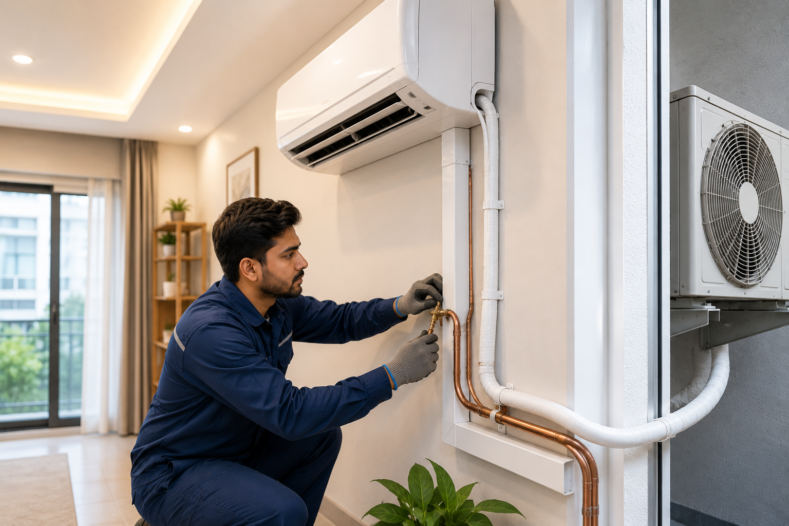 Residential AC copper pipe fitting in Hyderabad home