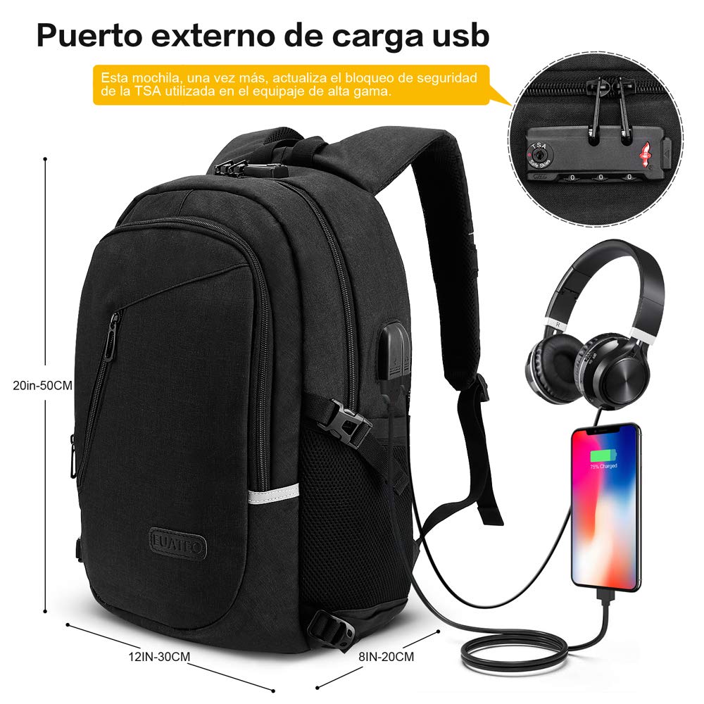 Mochila antirrobo, Mochila Daypack de 30L con puerto de carga USB Interfaz para auriculares y bloqueo con contraseña