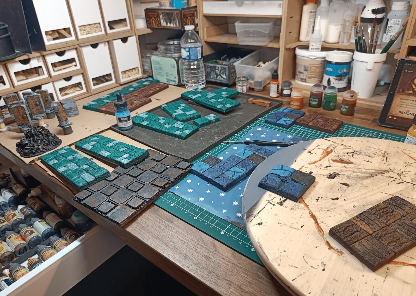 Tiles with varied tones using diluted paint on different squares