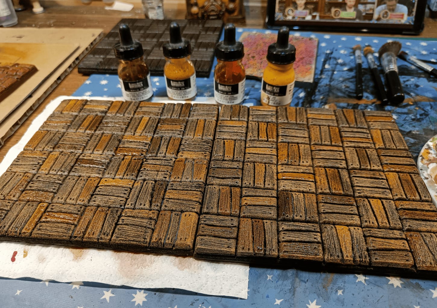 Acrylic inks added to select boards for varied tints without uniformity