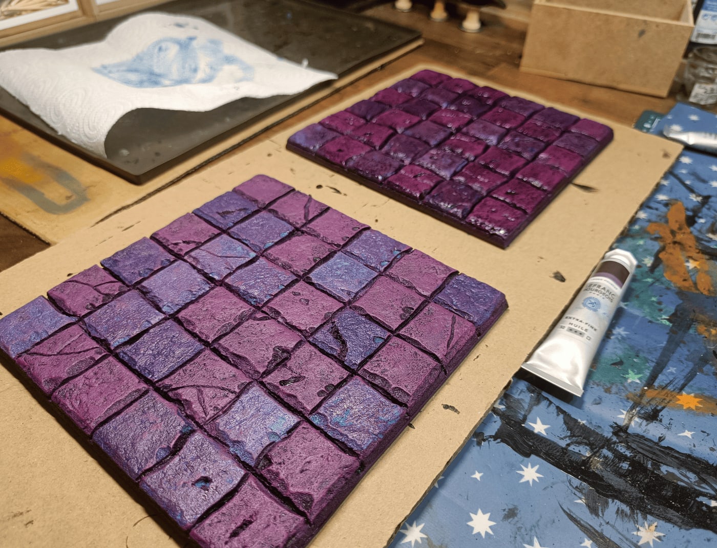 Brown wash applied to darken tiles slightly