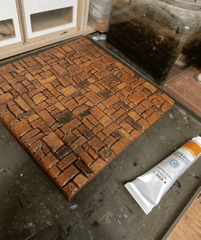 Finished red tiles after oil wash application