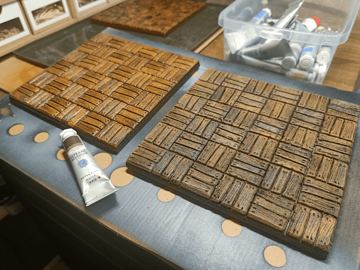 Oil wash applied unifying floorboards with weathered look