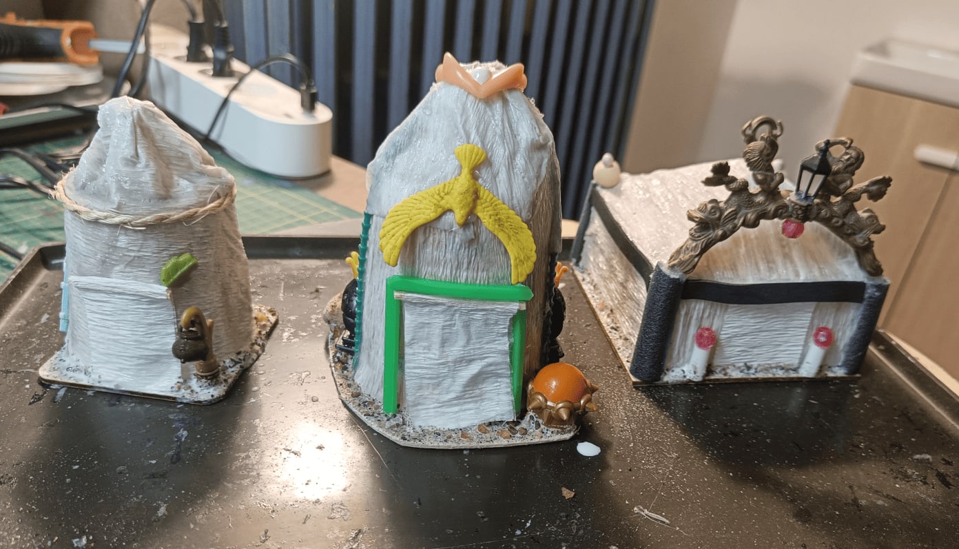 Close-up of tent construction with foam squares and crepe paper