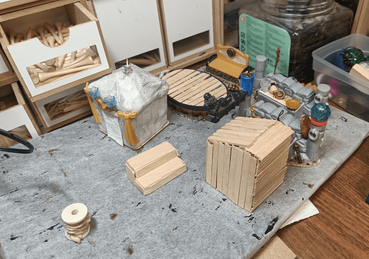 Work in progress showing staircase, cabin, and toy walls with added details