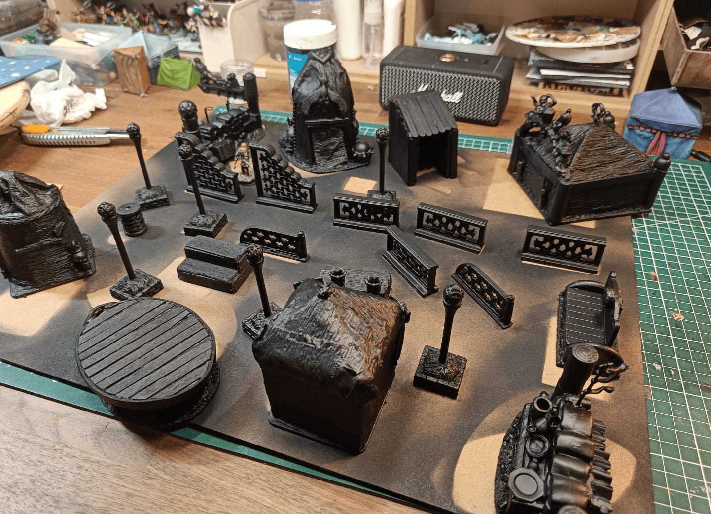 All elements primed in black including Playmobil fences