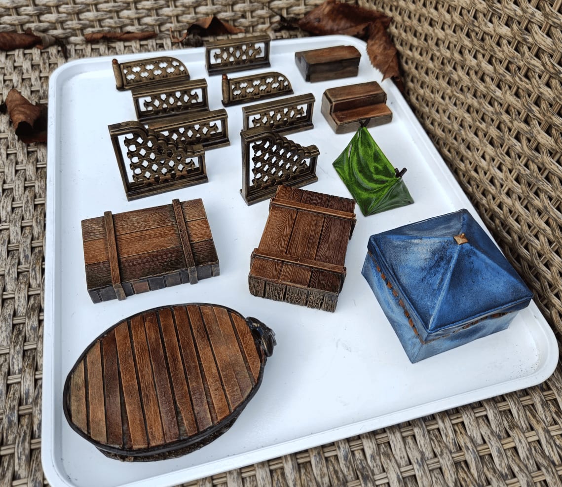 Varnished tents showing shiny finish that will tone down