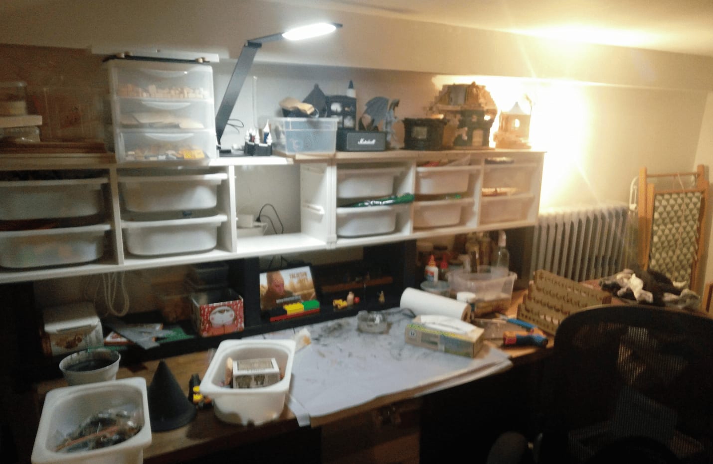 Early setup with IKEA TROFAST bins stacked vertically