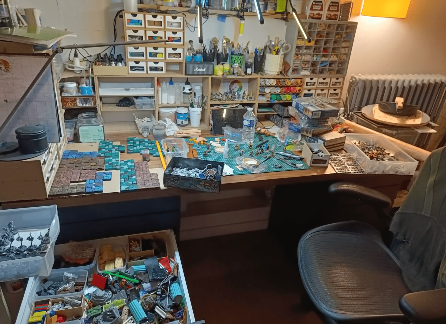 Typical workspace mess with tiles, miniatures and materials