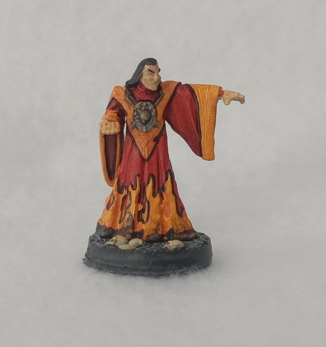 Front view of fire mage with black lining technique on flames