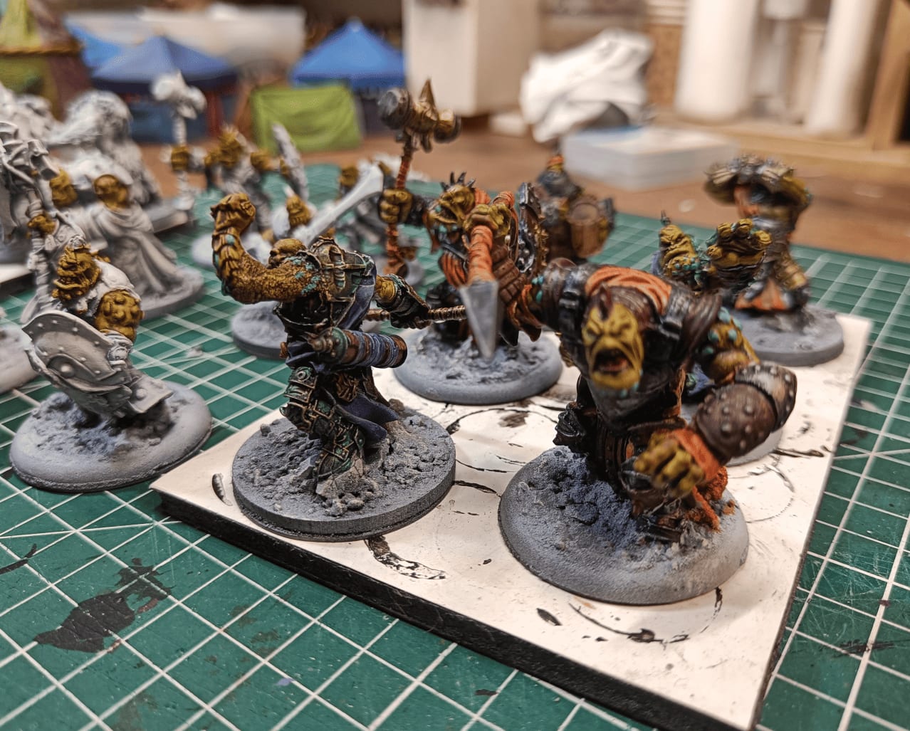 Close-up showing different metal armor color tests