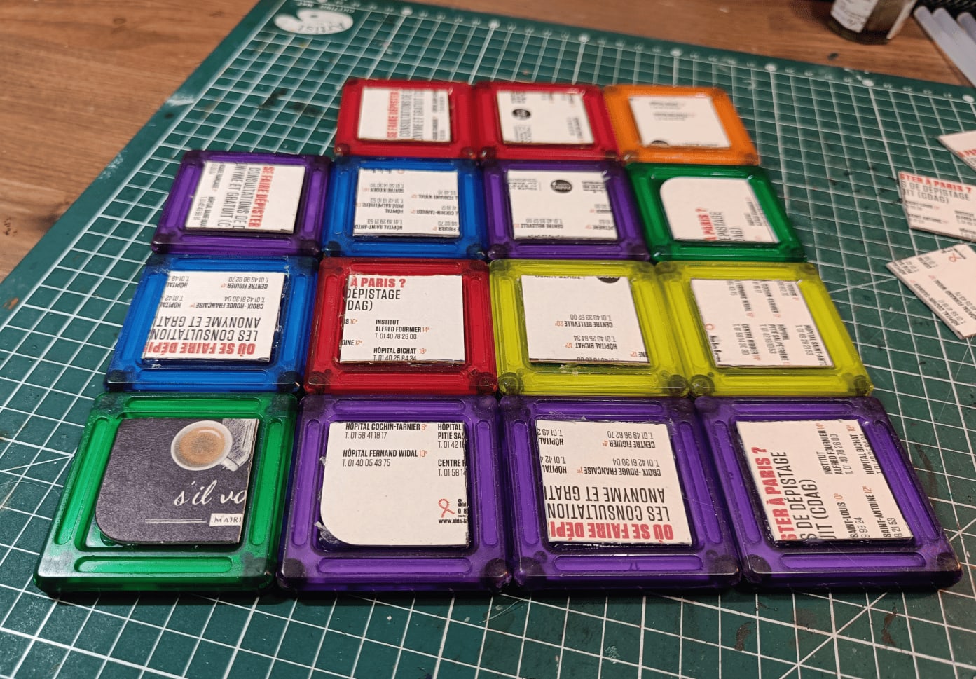 Tile with cardboard pieces filling the center recess