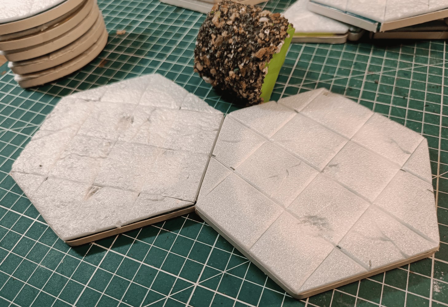 Foam textured with ballpoint pen lines and texture roller stone effect