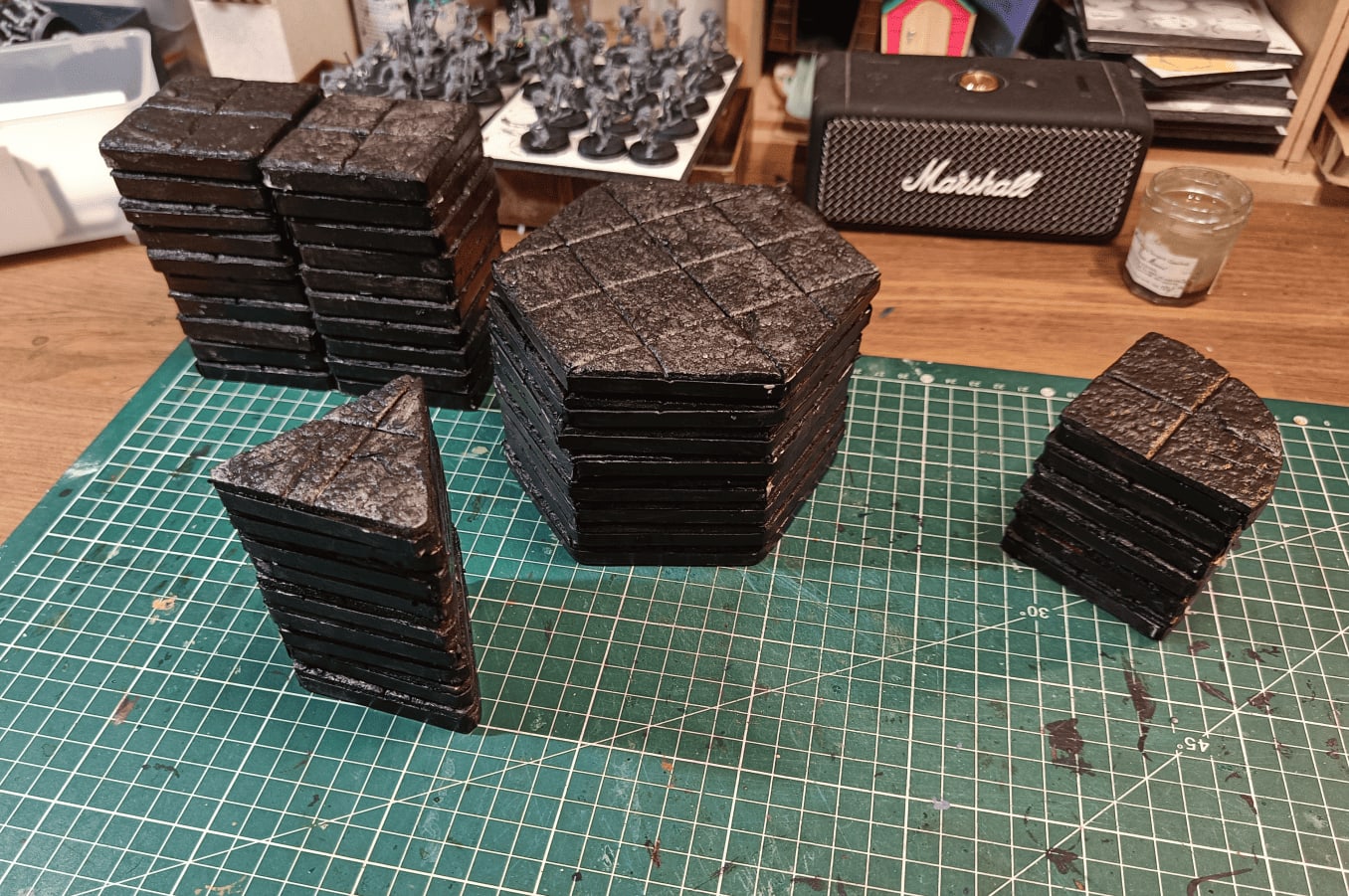 All tiles painted with black paint and PVA glue mix