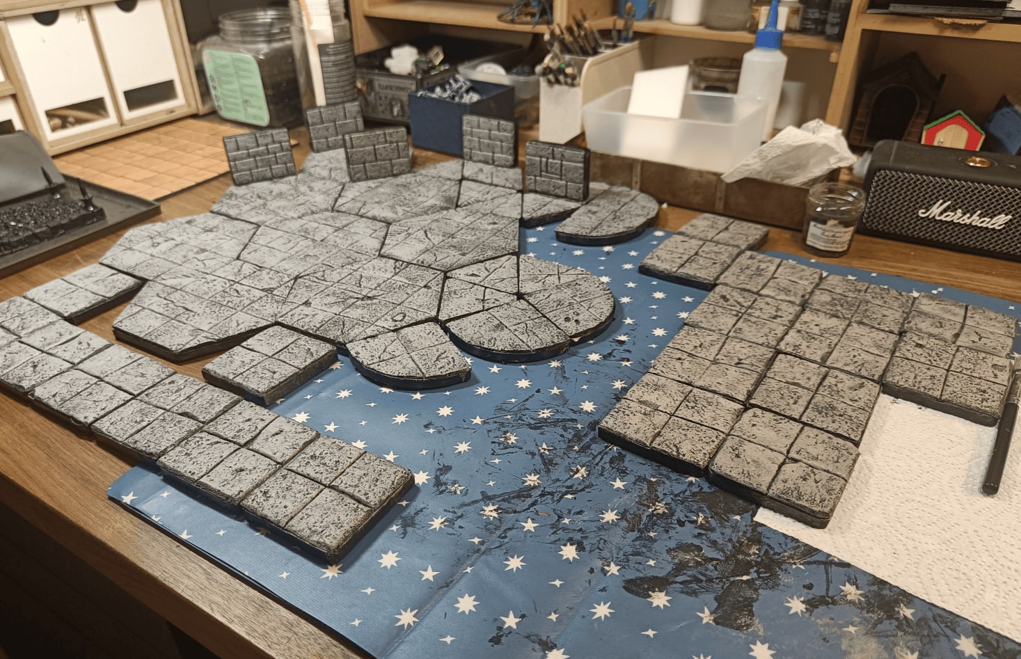 Complete set showing vertical walls, square tiles, and hexagonal tiles