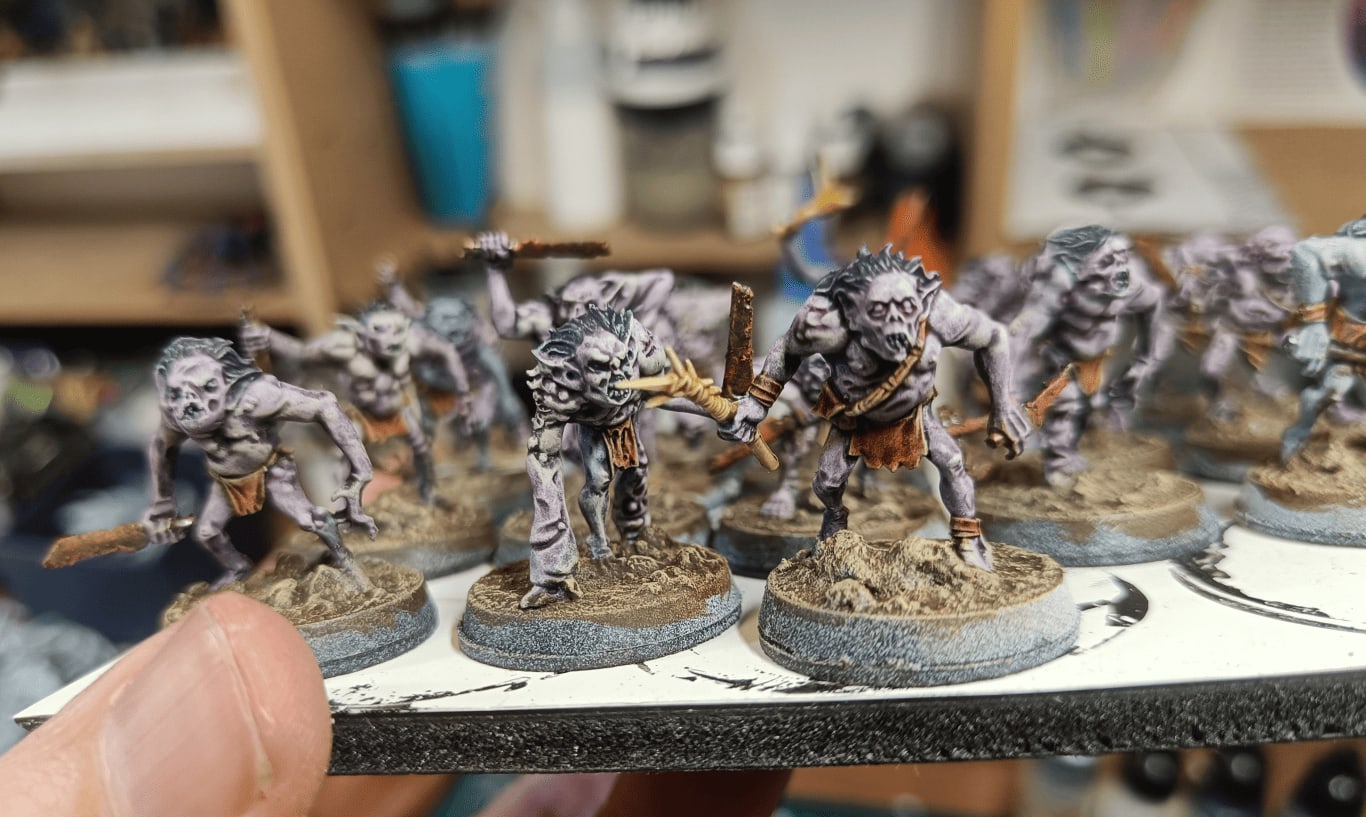 Close-up showing pustules painted with purple wash for violet effect