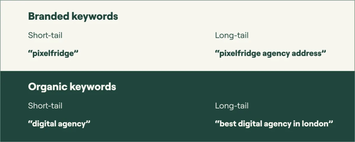 Shows a comparison of long-tail and short-tail branded and organic keywords.