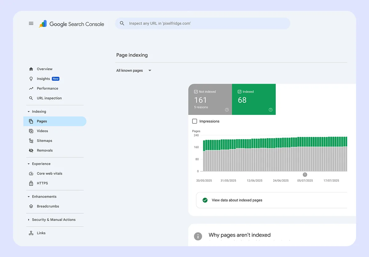 Preview of Google Search Console's indexing report