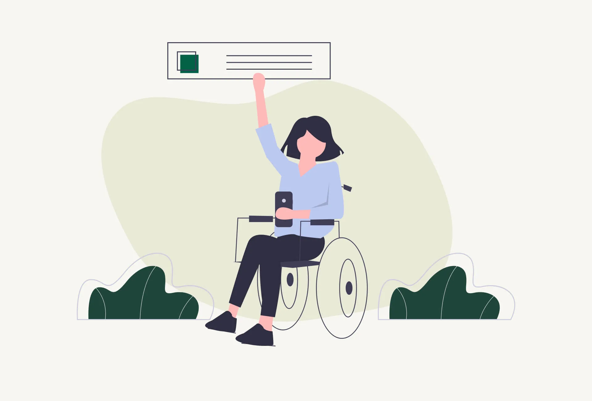 Illustrated woman in wheelchair using mobile phone