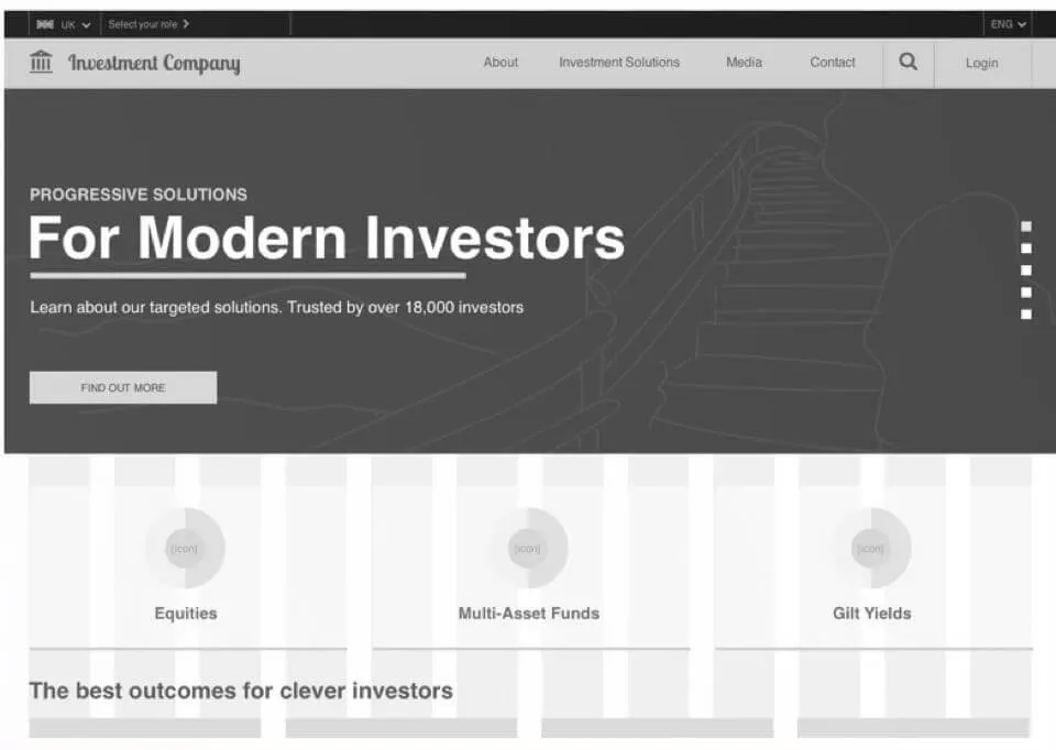 An example of high fidelity wireframes which include realistic typography and grid systems.