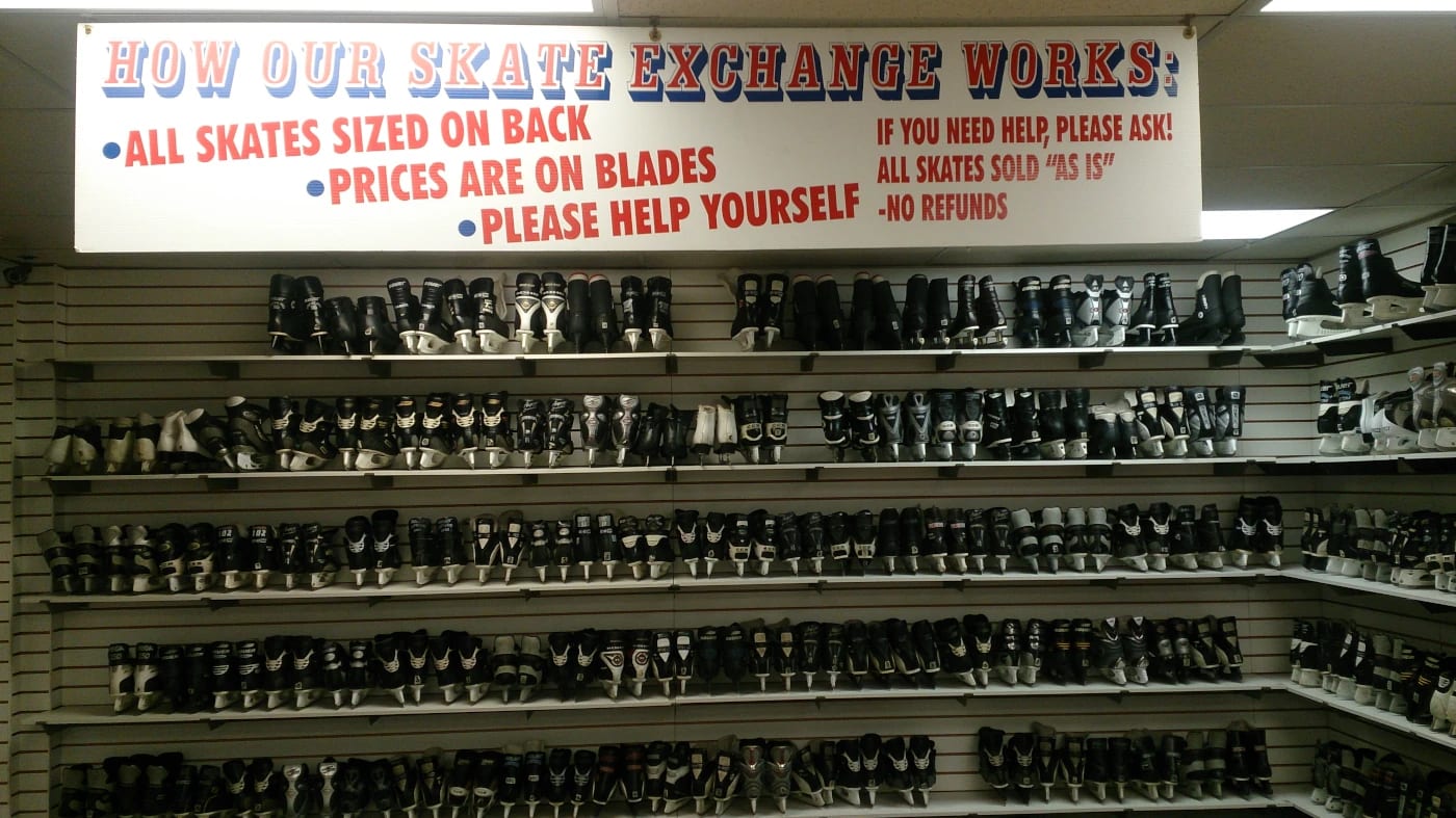 BJ's Sales offer skate swap and retail for ice skates of all sizes.