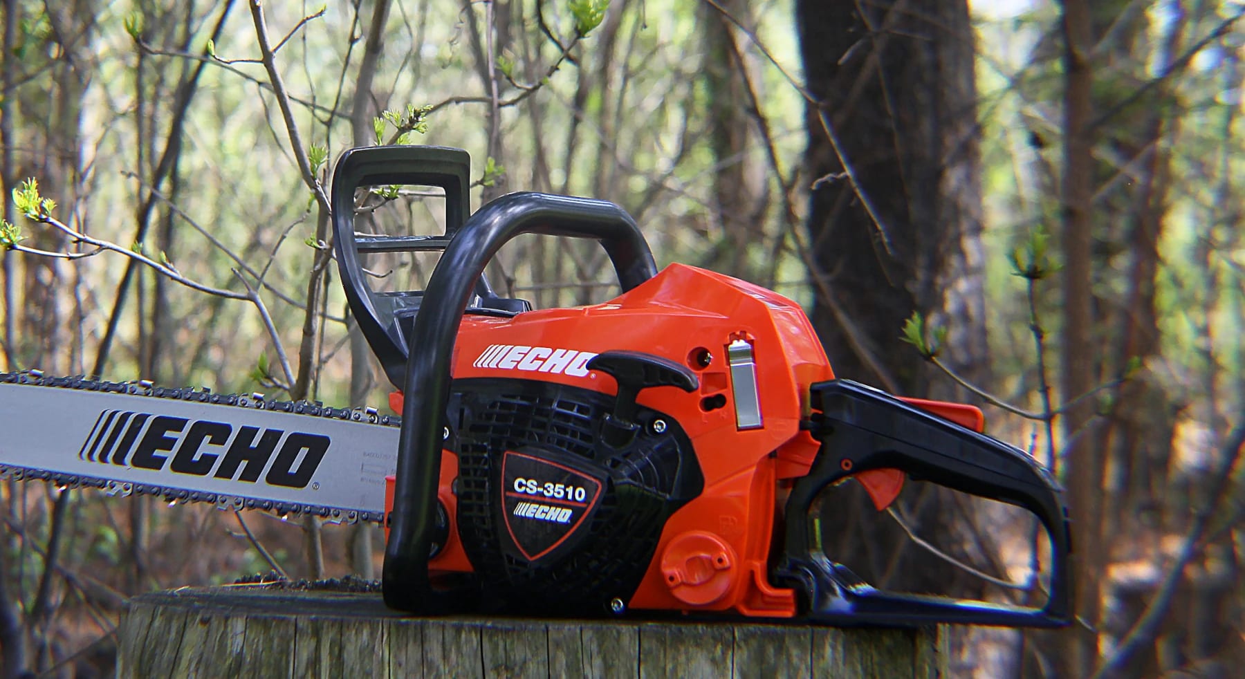 Our Echo Chainsaw displayed on a cut log in the forest.