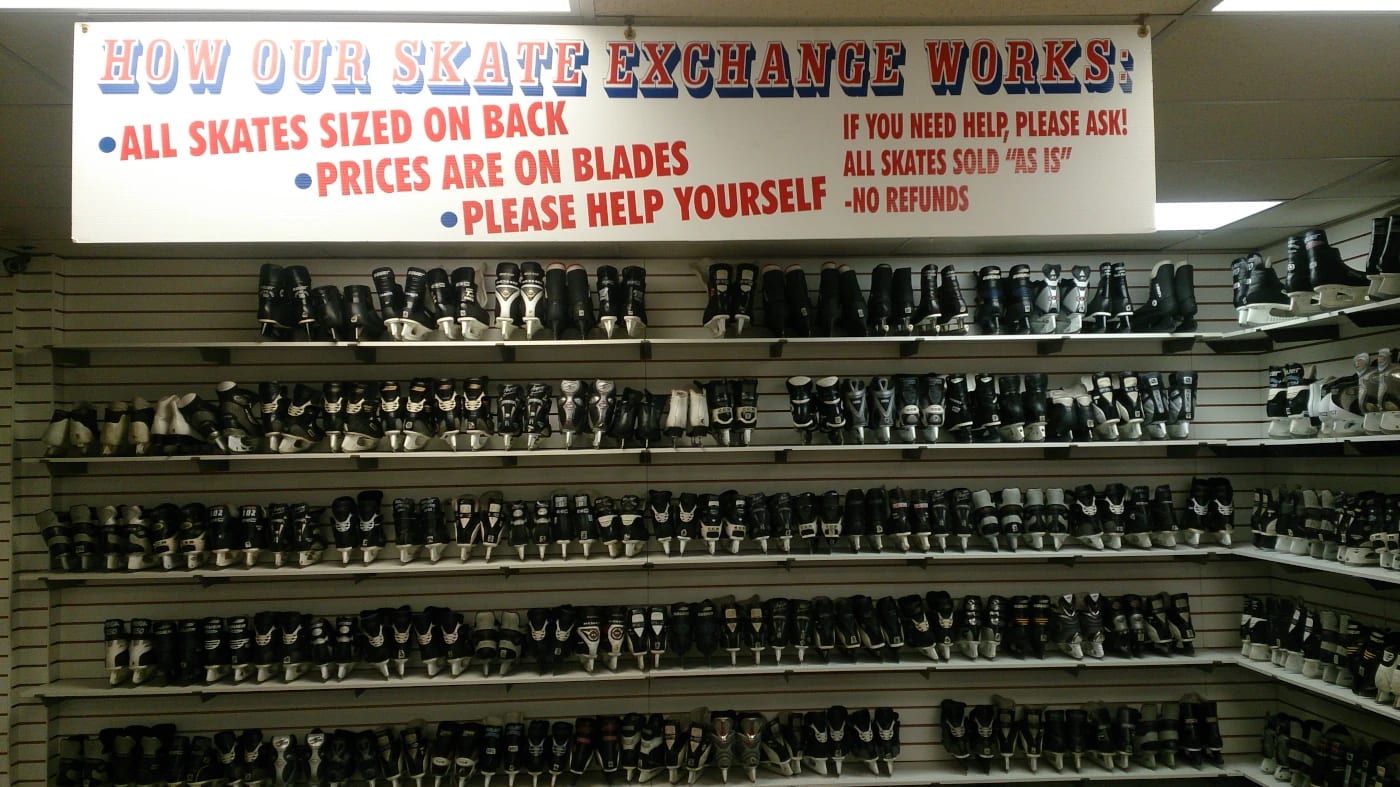 BJ's Sales offer skate swap and retail for ice skates of all sizes.