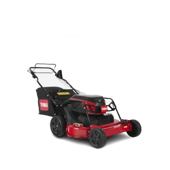 Toro brand red push mower.