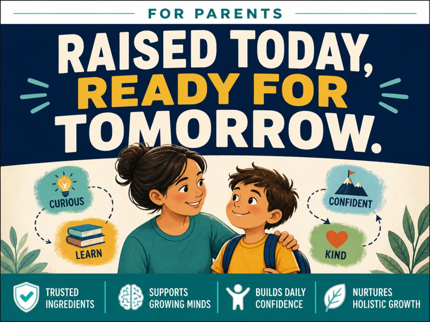 Illustrated ad-card showing a parent and child in a clinic waiting room on the left versus a parent relaxed in a warm-lit bathroom on the right — contrasting a doctor's visit with at-home ear maintenance