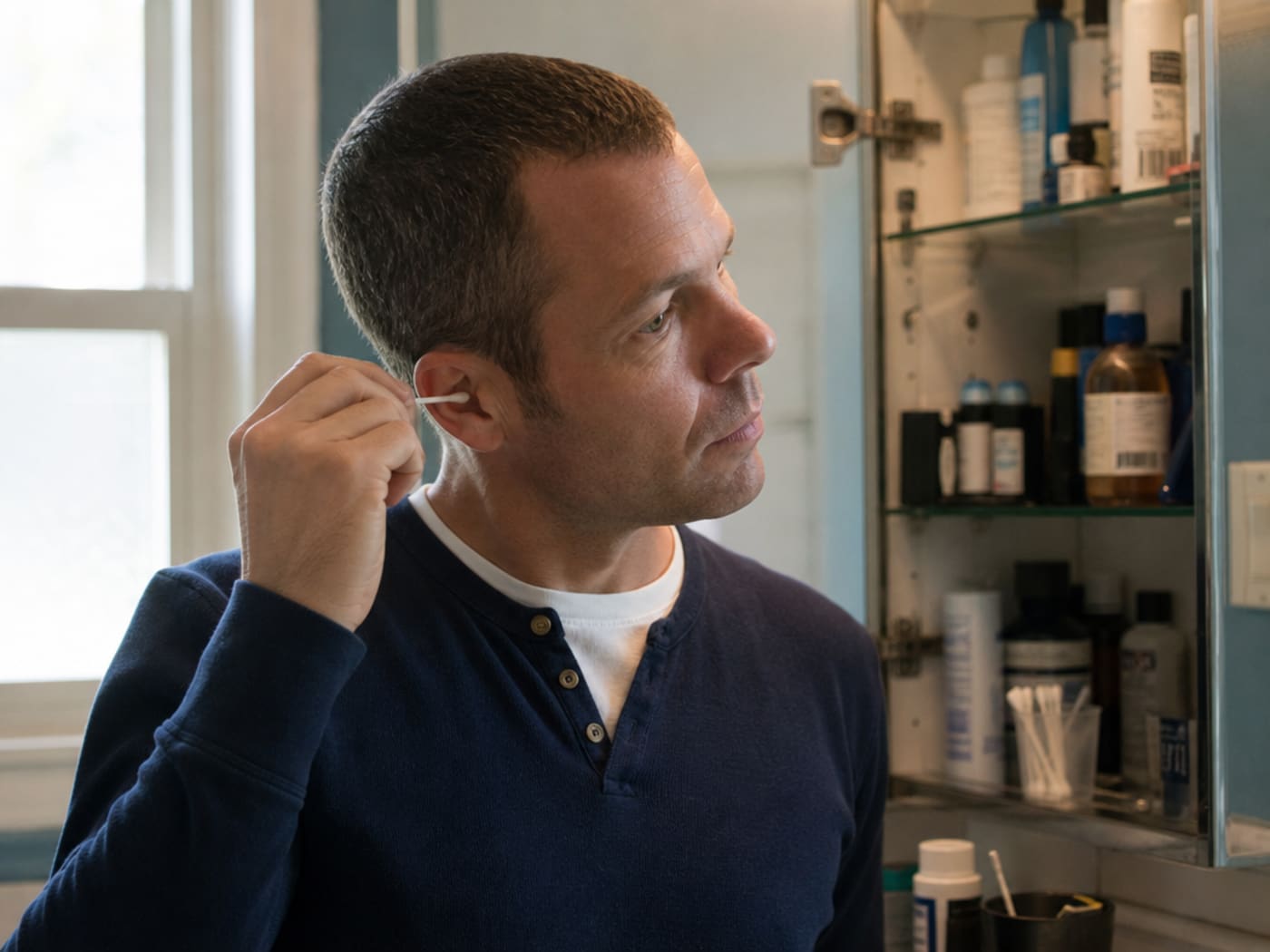 A man of 41 with close-cropped hair in a navy henley holding a cotton swab at his ear in a real bathroom — the habitual, unconscious morning cleaning moment