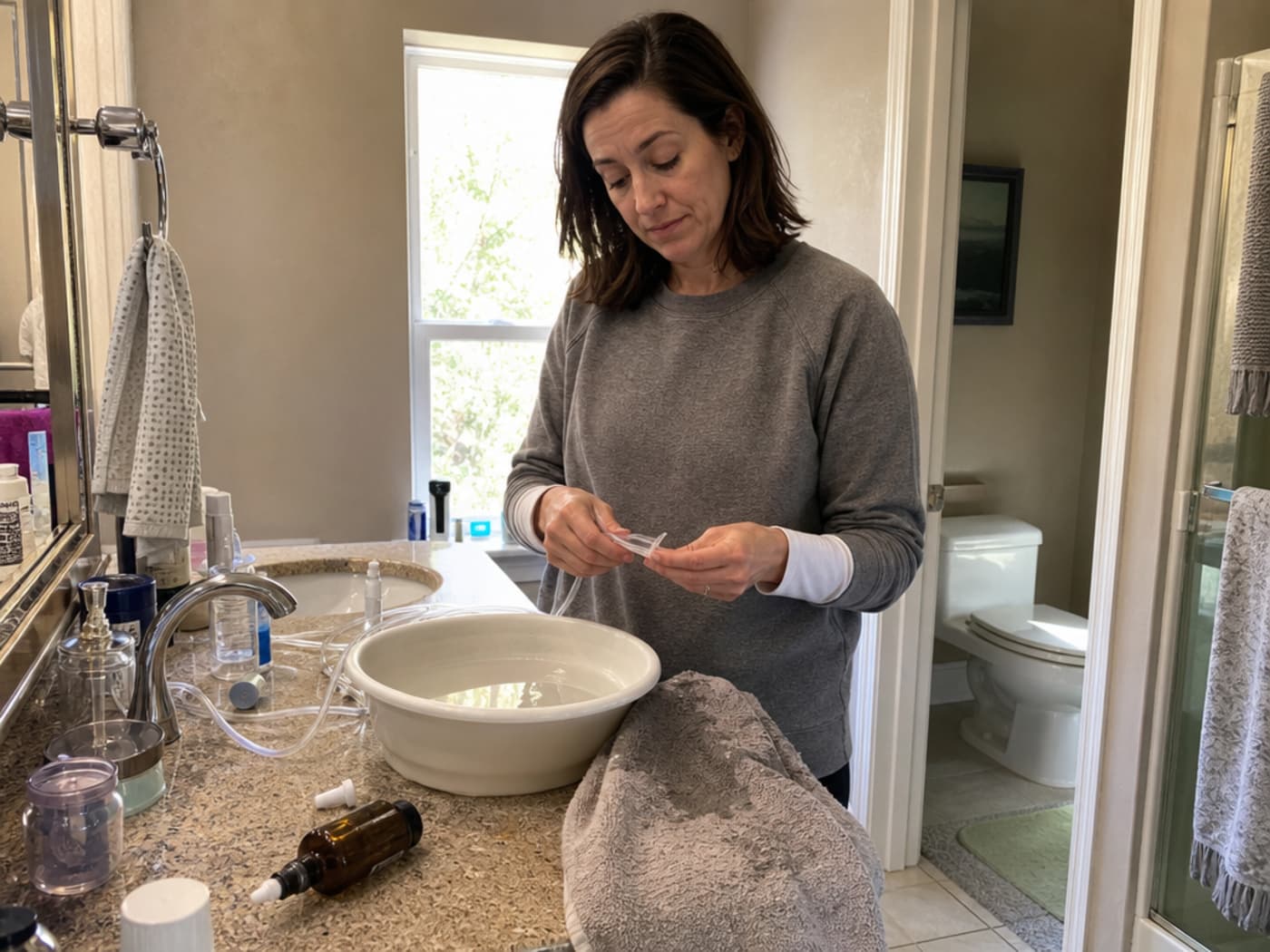 A woman of 34 with shoulder-length dark hair in a grey crewneck standing at a bathroom counter surrounded by the cluttered irrigation setup — dropper bottle, basin, damp towel — with a look of resigned inconvenience