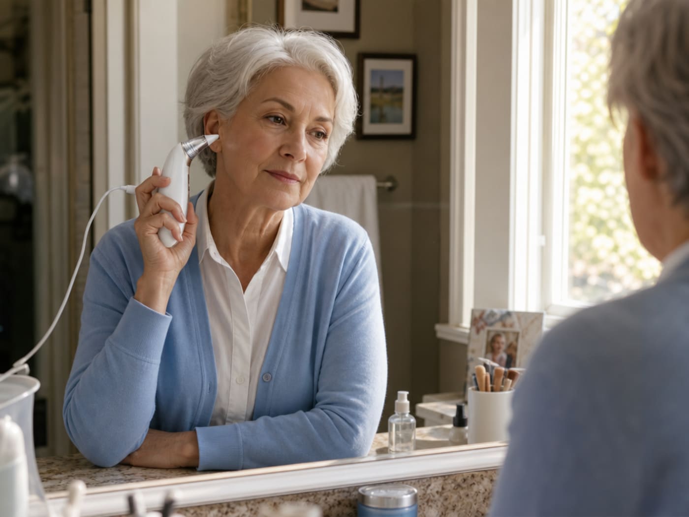 A woman of 68 with silver-white hair in a soft blue cardigan using Vacurio gently at her right ear while standing at her own bathroom mirror — calm, unhurried, independent