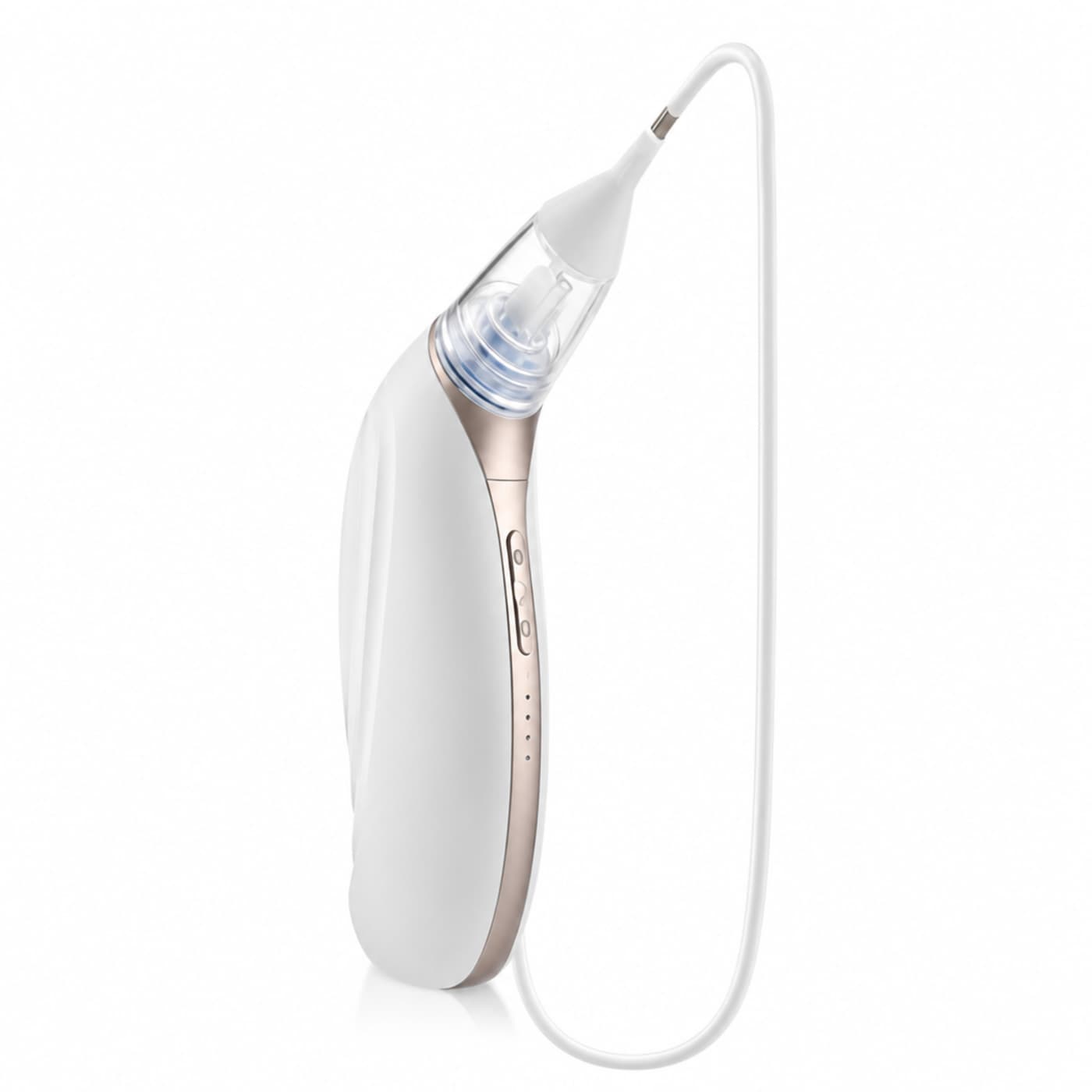 Vacurio cordless ear suction device standing upright on a warm linen counter beside its silicone tip accessories, photographed in soft directional light