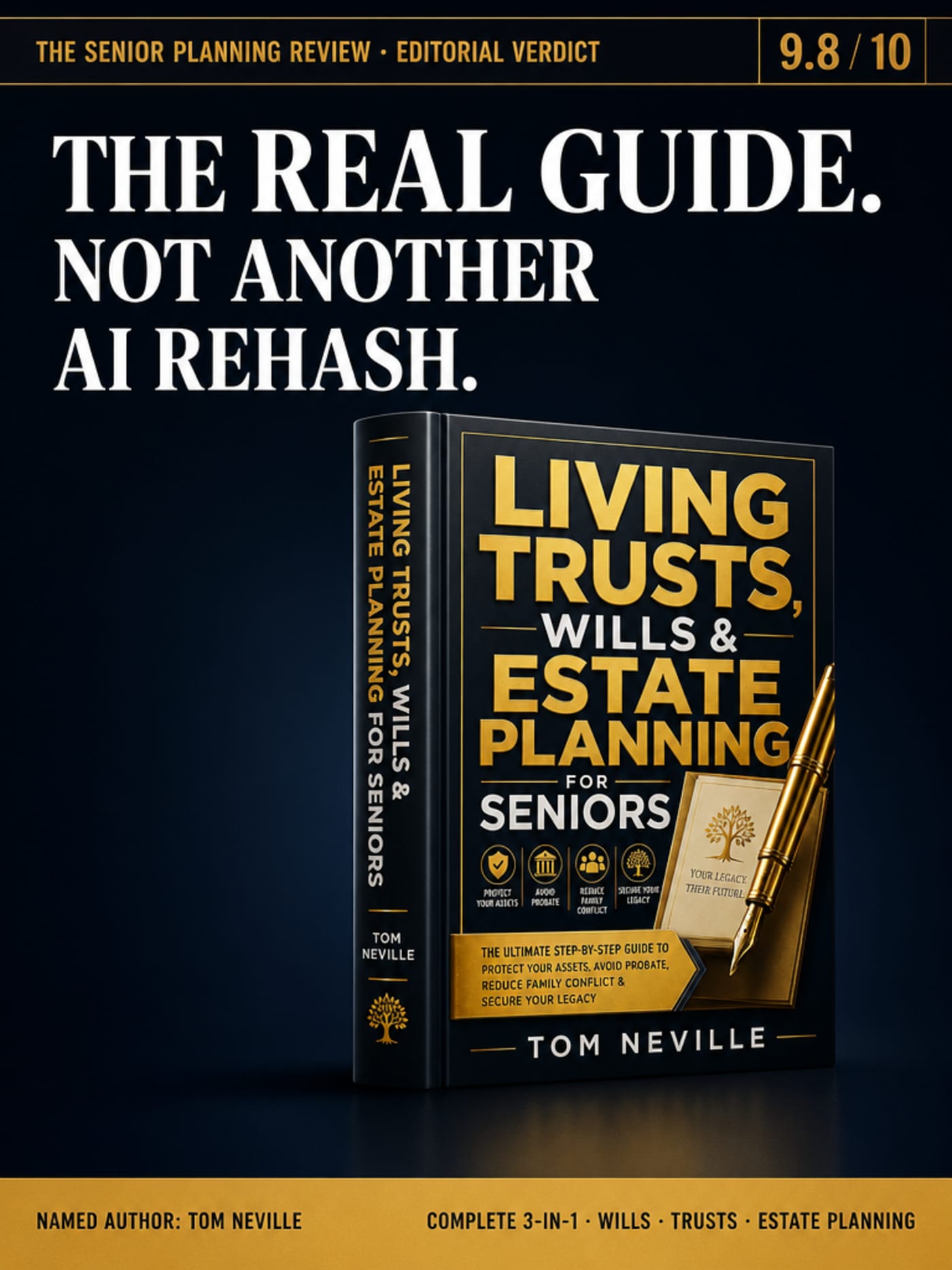 The Senior Planning Review editorial verdict card for Living Trusts, Wills & Estate Planning for Seniors by Tom Neville — The Real Guide, Not Another AI Rehash