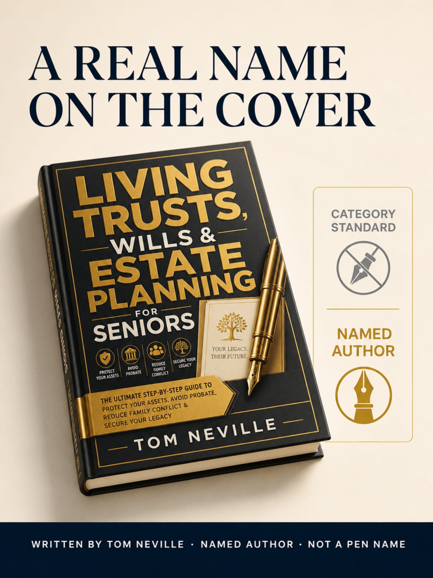 The gold hardcover of Living Trusts, Wills & Estate Planning for Seniors showing named author Tom Neville on the cover, contrasted with the category standard of pen names