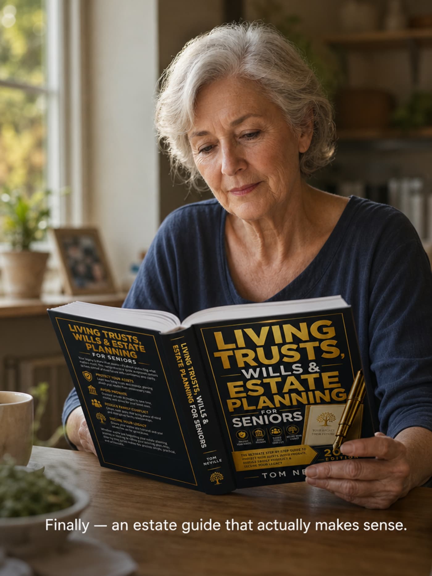 A woman in her late 60s reading Living Trusts, Wills & Estate Planning for Seniors at a kitchen table — calm and engaged, one hand resting on the open page
