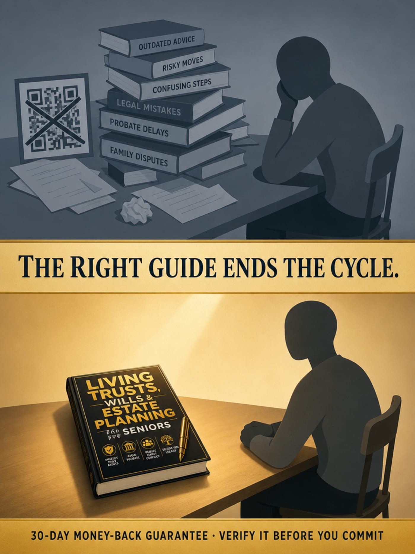 Illustrated split-bar: top half shows the wrong-choice cycle — stacked books, a crossed-out QR code, a figure in resignation; bottom half shows the same figure settled with a single gold hardcover on the table