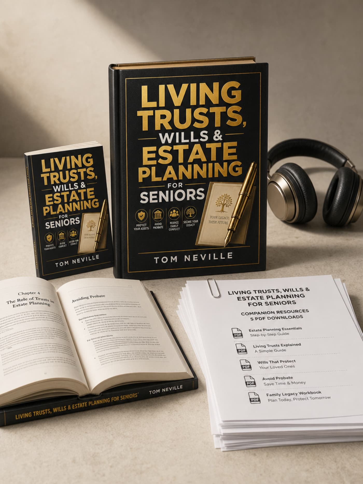 Living Trusts, Wills & Estate Planning for Seniors product — hardcover centerpiece with 5 PDFs, open book, audiobook headphones, and paperback edition arranged on a clean surface