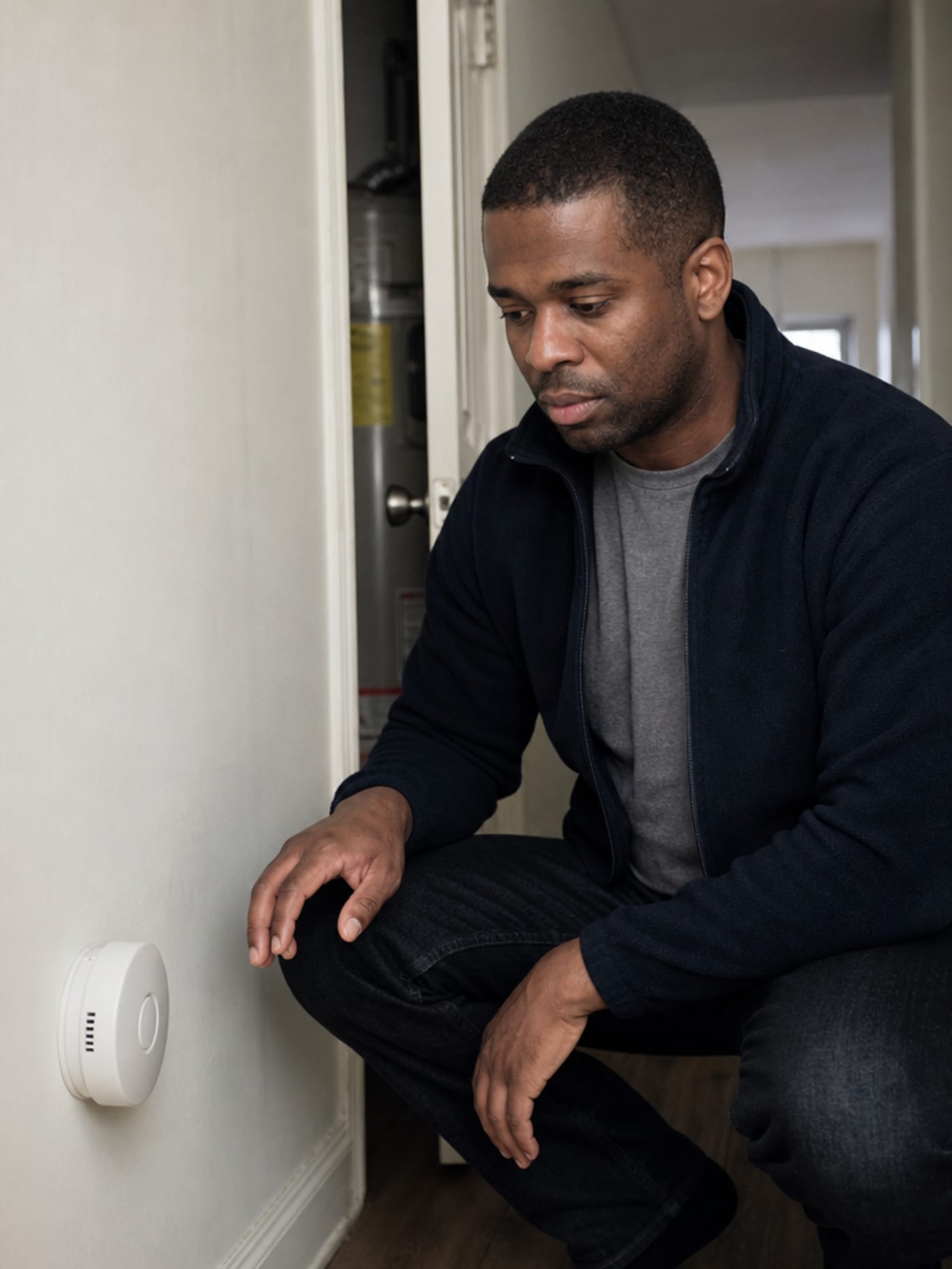 A man crouching in a narrow apartment hallway, looking at a dark battery-powered CO alarm on the wall, a utility closet with a water heater visible behind him