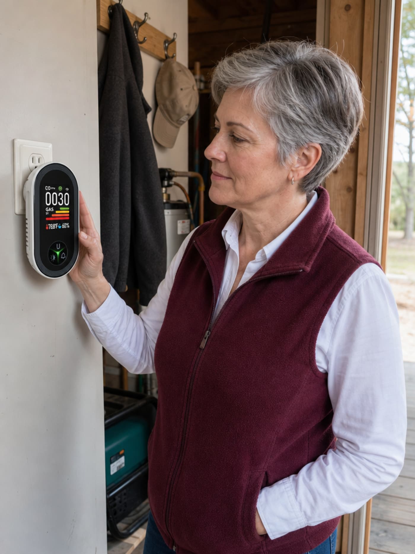 A woman plugging the VIGILOX monitor into a wall outlet in a cabin utility space near an attached garage entry, looking calmly at the live display readout